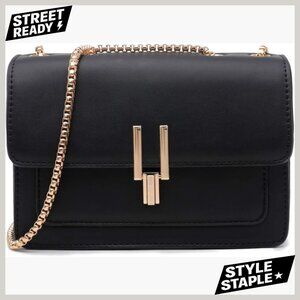 Faux Leather Crossbody Bag with Twist Lock, Chain Strap, Medium Size